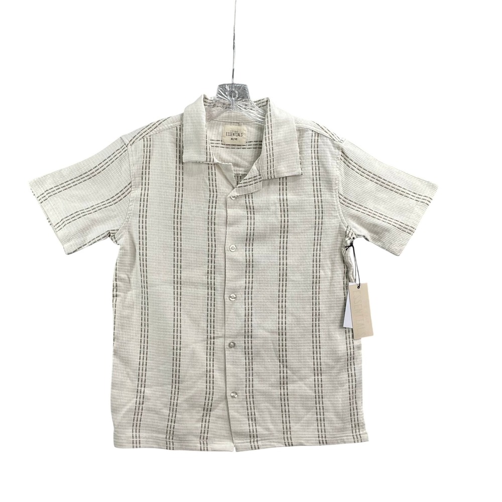 Prime Essentials Button Down Mens XL Beige Textured Striped Camp Shirt Hawaiian
